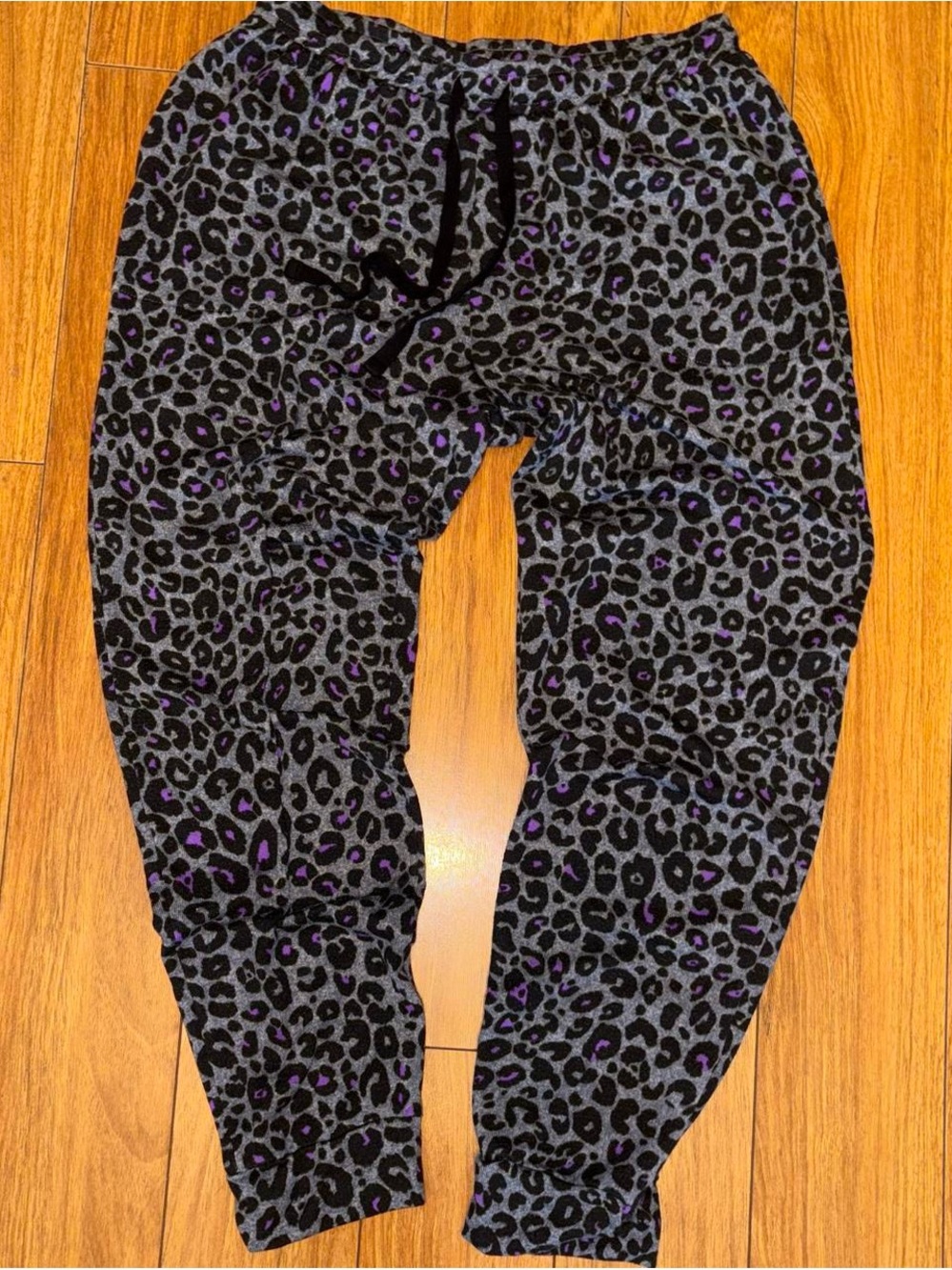 Purple & black leopard print joggers with drawstring waist